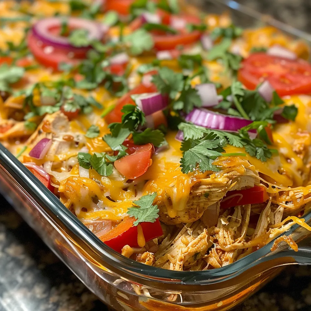 Side shot of a colorful Keto Mexican Casserole with layers of chicken, bell peppers, and cheese.