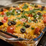 Close-up of a Keto Mexican Chicken Casserole topped with melted cheese and colorful vegetables.