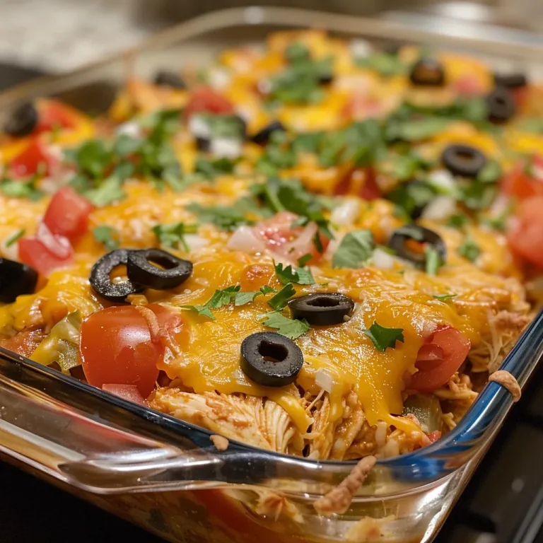 Close-up of a Keto Mexican Chicken Casserole topped with melted cheese and colorful vegetables.