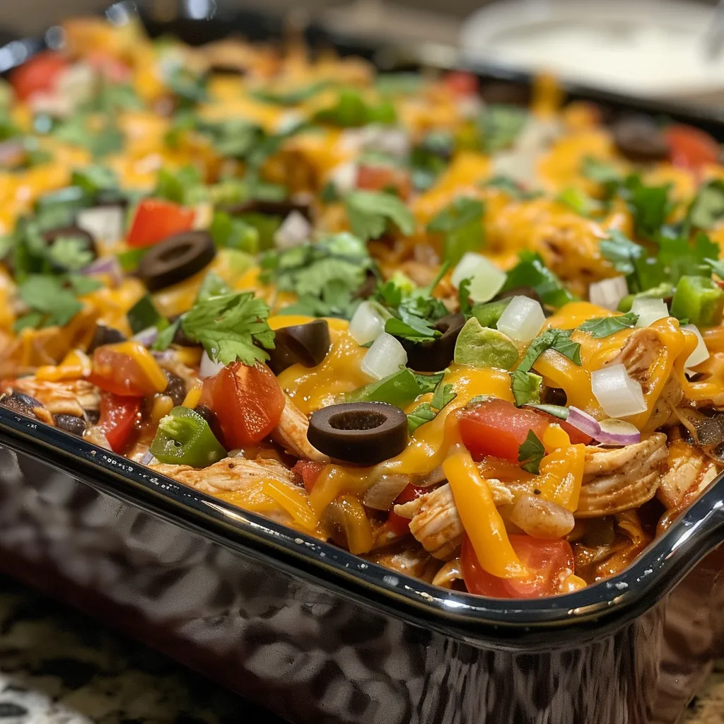 Side view of a deliciously layered Keto Mexican Chicken Casserole with bell peppers, chicken, and olives.