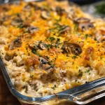 Juicy Keto Tuna Casserole in a ceramic dish, topped with melted cheese.