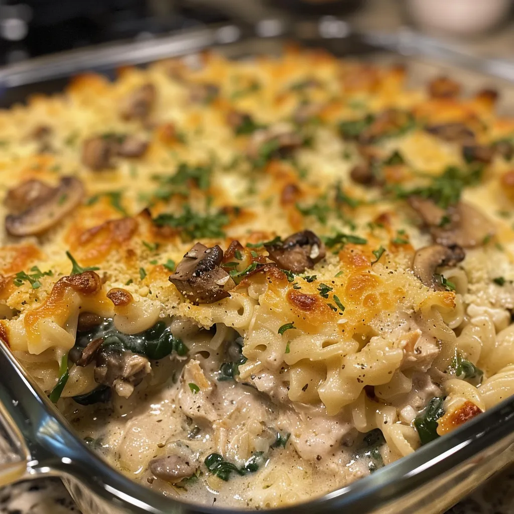 Close-up of a creamy Keto Tuna Casserole, featuring mushrooms and spinach.