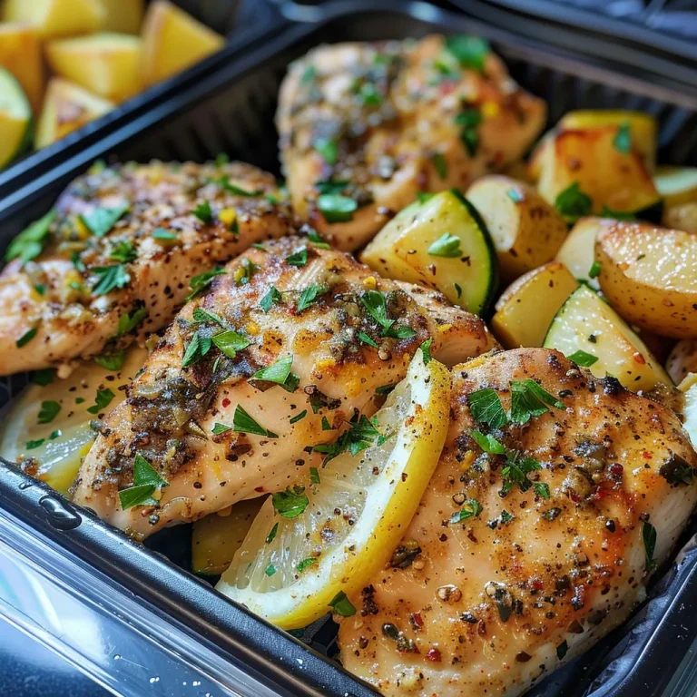 Close-up of Lemon Garlic Chicken Meal Prep with yellow potatoes and zucchini.