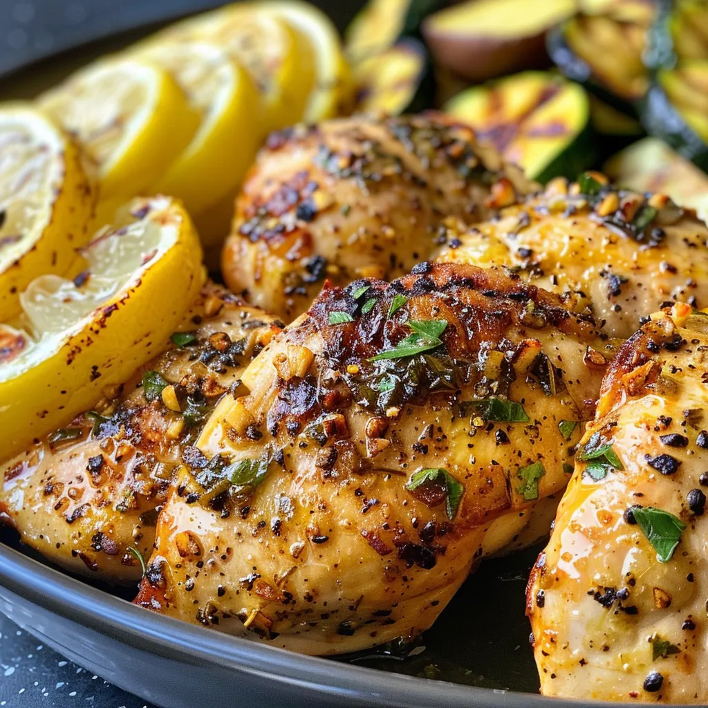 Juicy lemon garlic chicken served with roasted yellow potatoes and sliced zucchini.