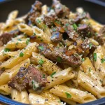 Close-up view of Low Carb Creamy Garlic Beef Penne with sliced beef and creamy sauce.