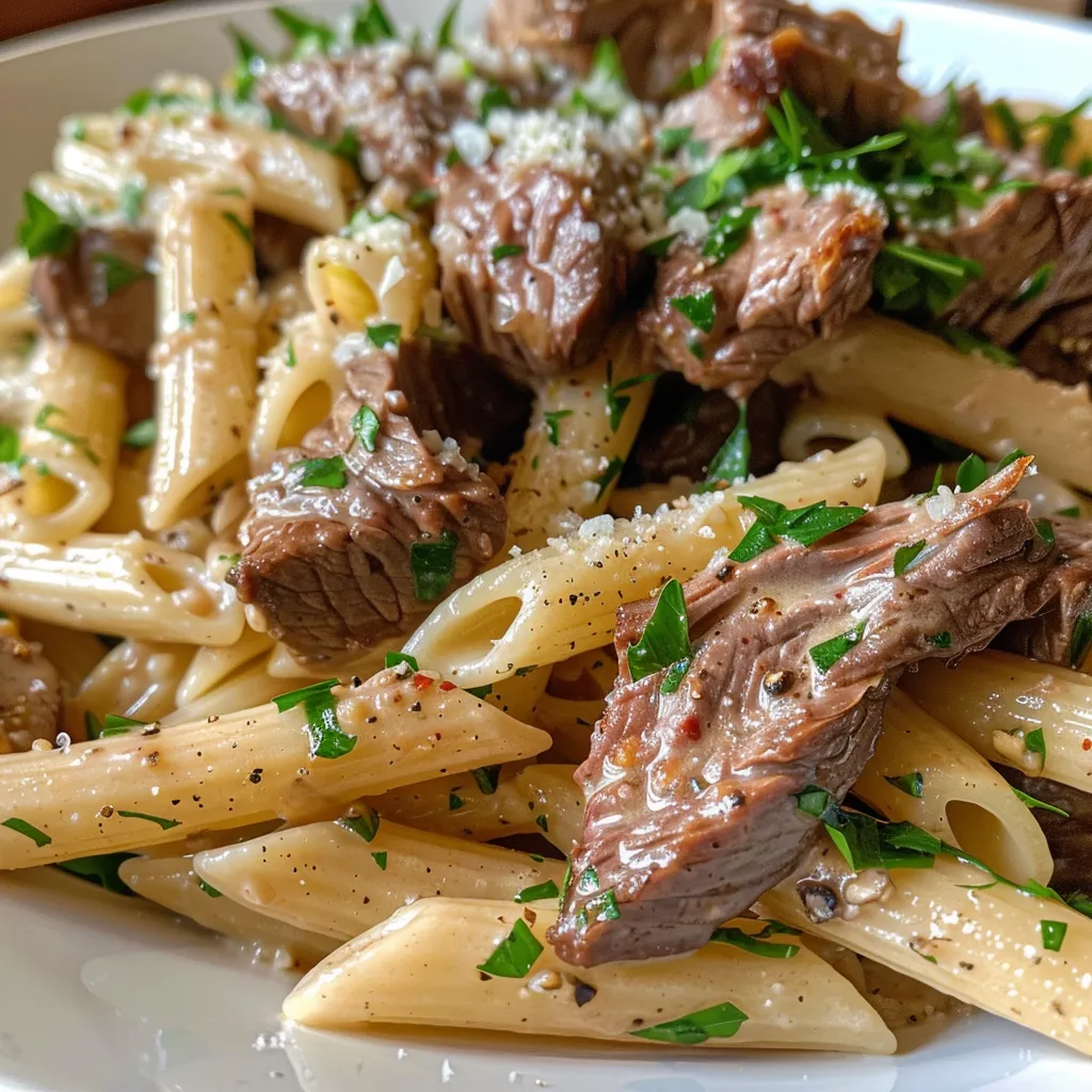 Side view of a bowl filled with Low Carb Creamy Garlic Beef Penne topped with grated Parmesan and parsley.