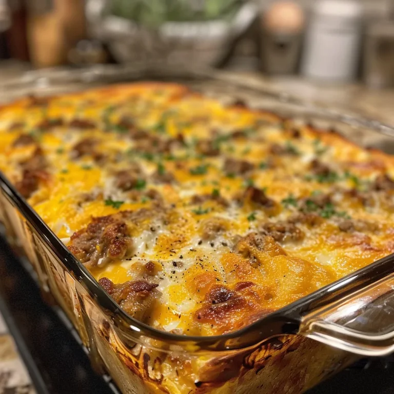 Close-up view of a golden-brown Low Fat Sausage Breakfast Casserole.