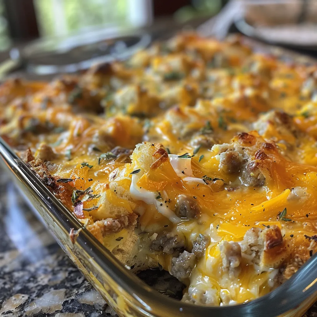 Side angle of a baked Low Fat Sausage Breakfast Casserole with melted cheese.