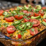 Close-up of a juicy Mexican Ground Beef Casserole topped with fresh ingredients.