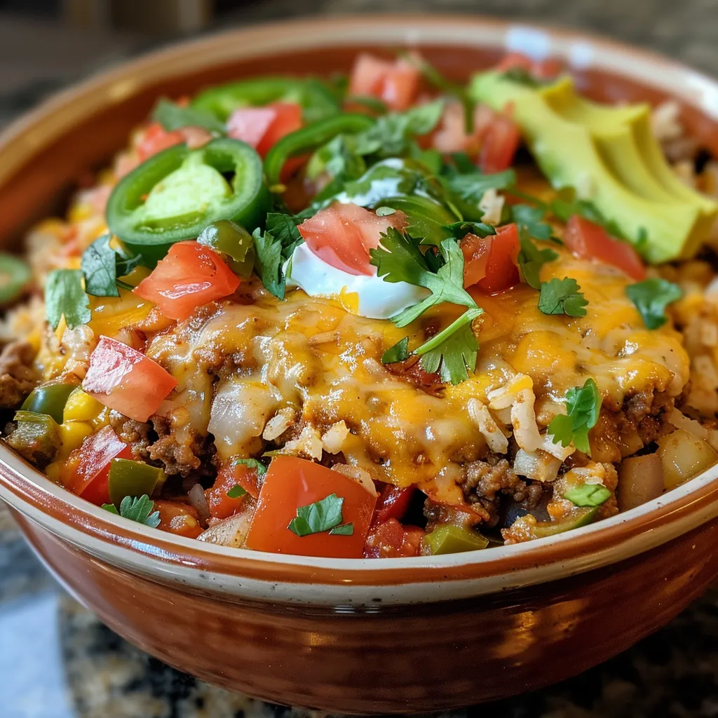 Side view of a delicious Mexican Ground Beef Casserole served in a baking dish.