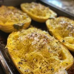 Close-up view of roasted spaghetti squash, showcasing its golden strands and seasoning.