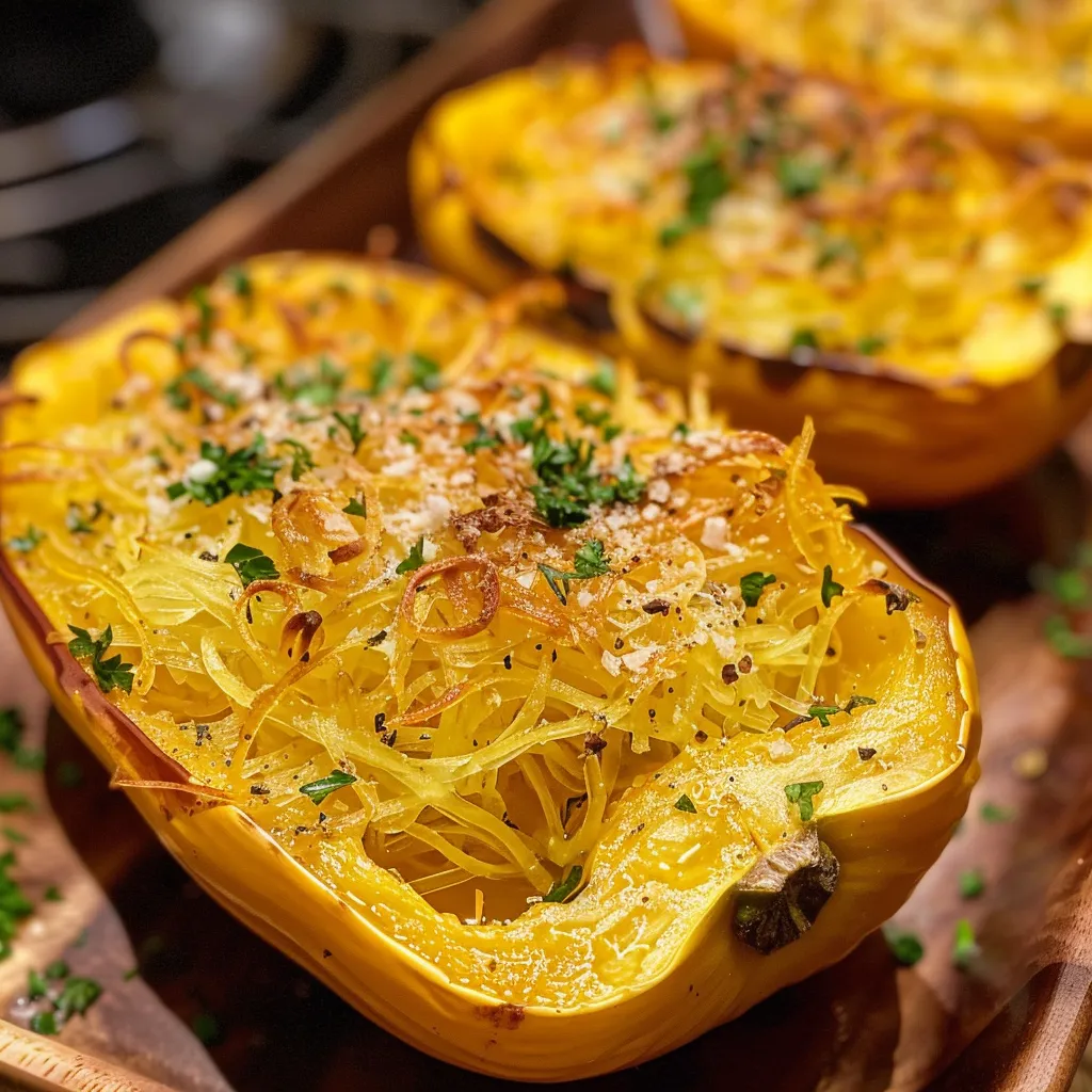 Side view of juicy, oven-roasted spaghetti squash glistening with olive oil and spices.
