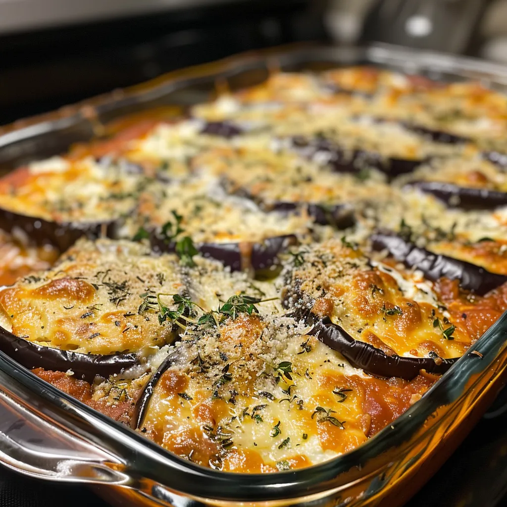 Side view of a baked Ricotta Eggplant Casserole showcasing layers of eggplant and cheese.
