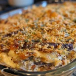 Close-up of a golden-brown casserole topped with crushed Ritz crackers and cheese.