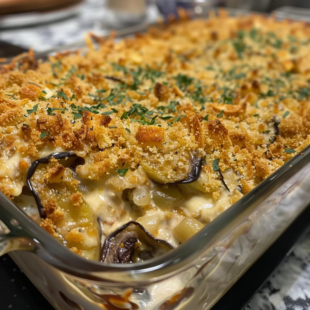 Side view of a layered eggplant casserole with a crispy Ritz cracker topping.