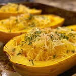 Close-up side view of a whole roasted spaghetti squash on a wooden cutting board.