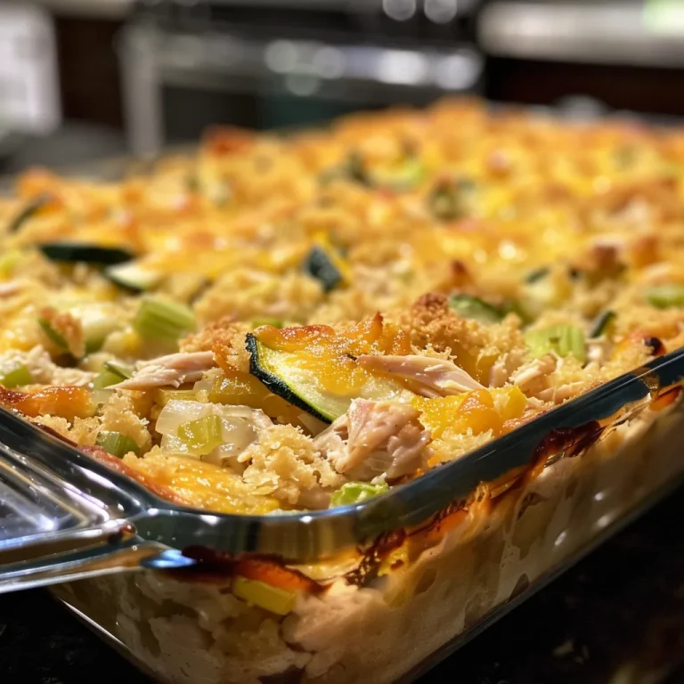 Close-up side view of a rotisserie chicken and zucchini casserole with a golden brown topping.