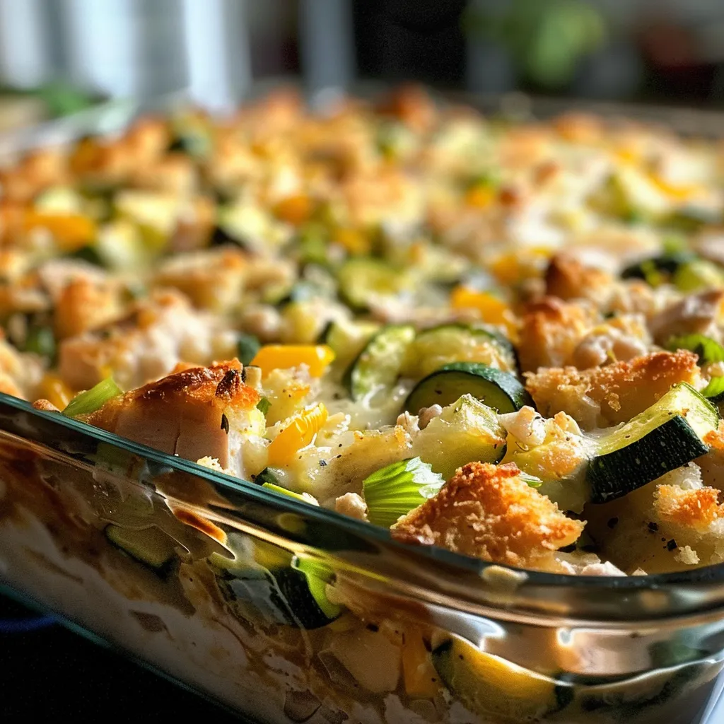 Juicy rotisserie chicken and diced zucchini baked in a creamy casserole dish.