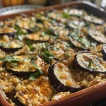 Close-up view of a Rustic Eggplant Quinoa Casserole with layers of eggplant and quinoa.