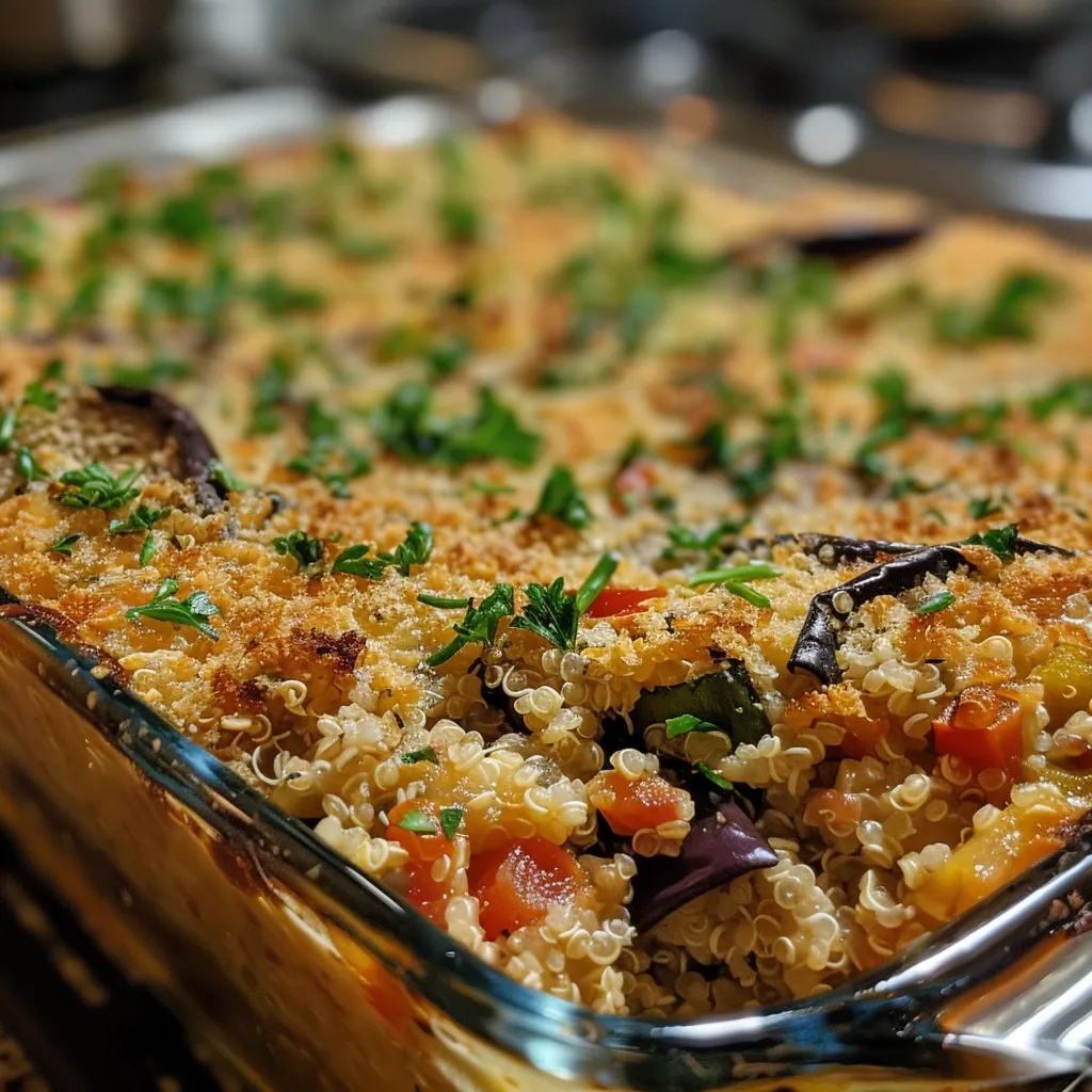 Side shot of a baked casserole featuring quinoa and roasted eggplant, garnished with herbs.