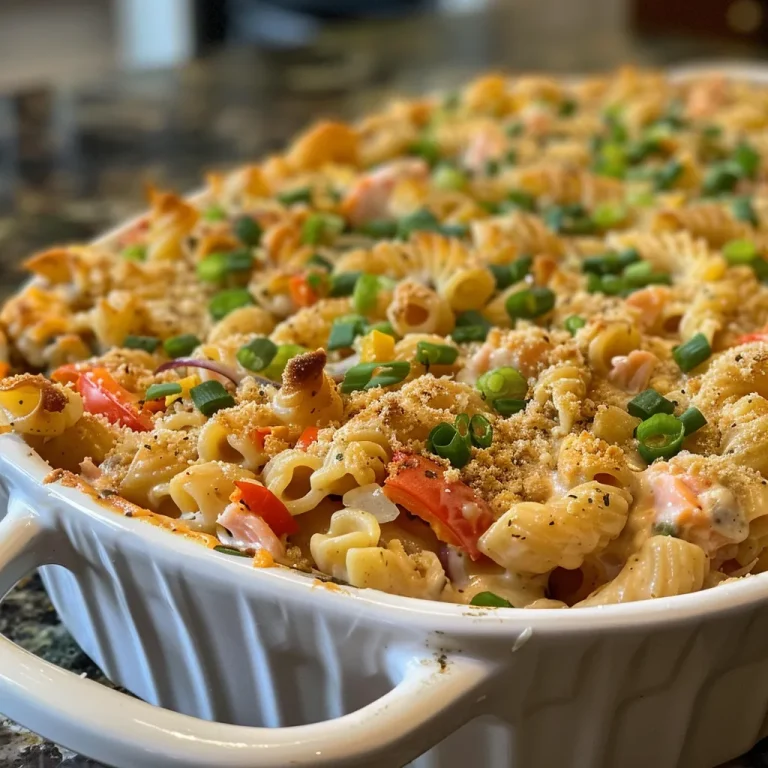 Close-up of a steaming salmon noodle casserole topped with colorful bell peppers.