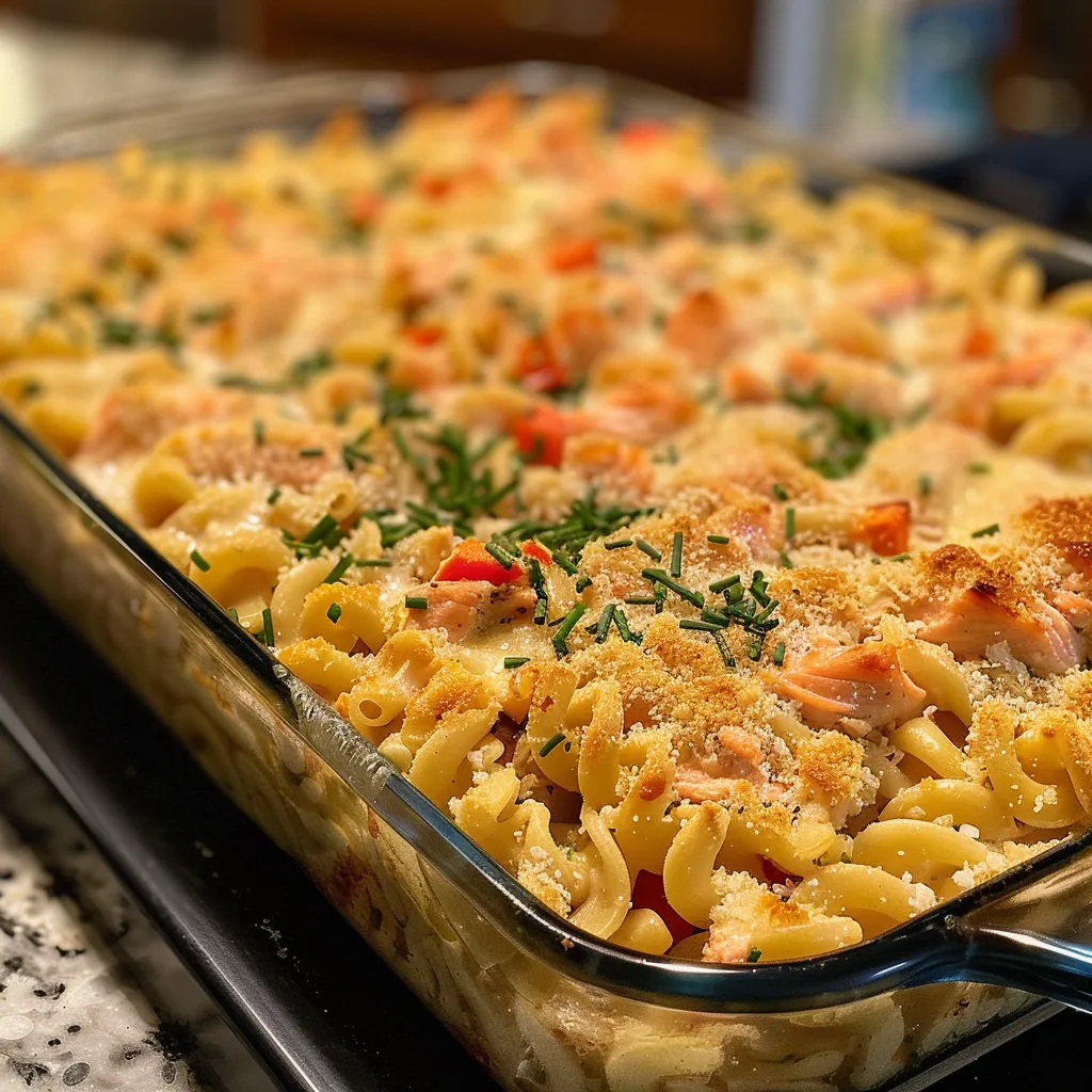 Side view of salmon noodle casserole garnished with chives and red bell pepper slices.
