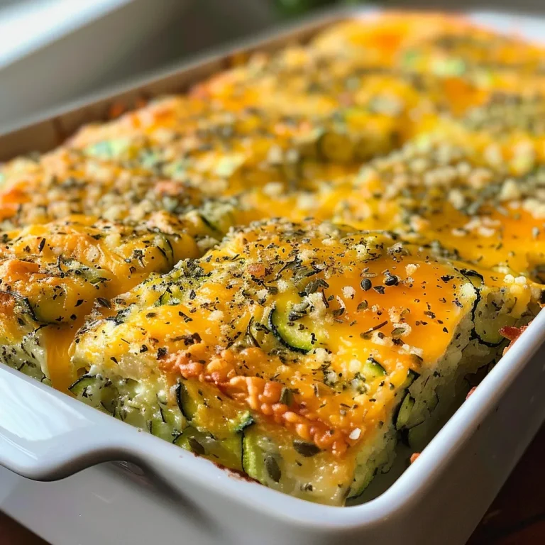 Close-up side view of a savory zucchini casserole, featuring golden crust and herbs.