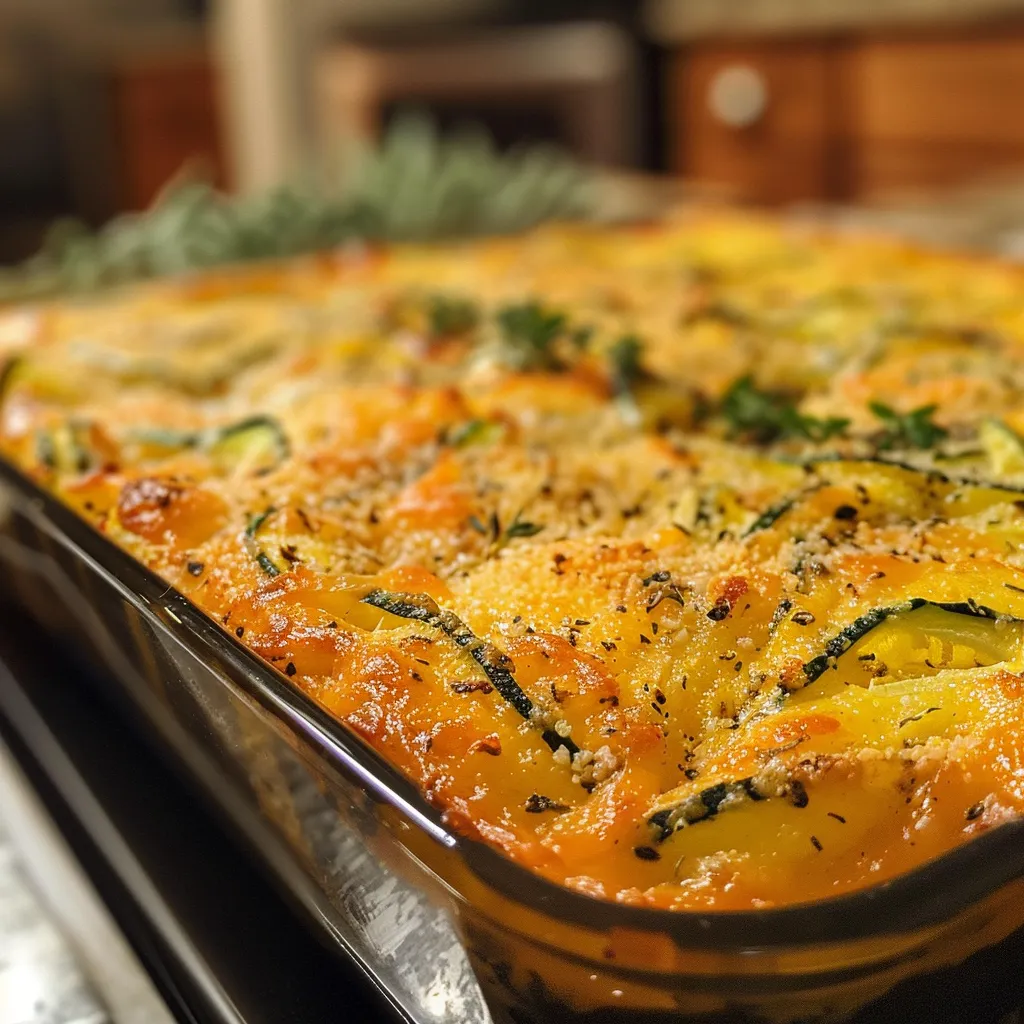 Juicy Bisquick zucchini casserole displayed in a dish, showcasing layers of cheese and zucchini.