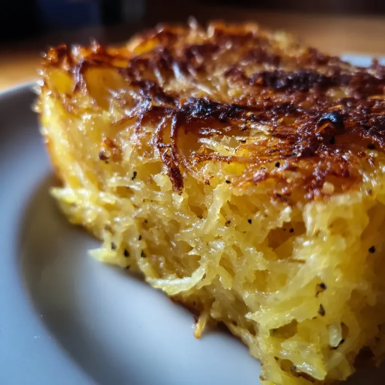 Close-up view of spaghetti squash au gratin with a creamy texture and golden cheese topping.