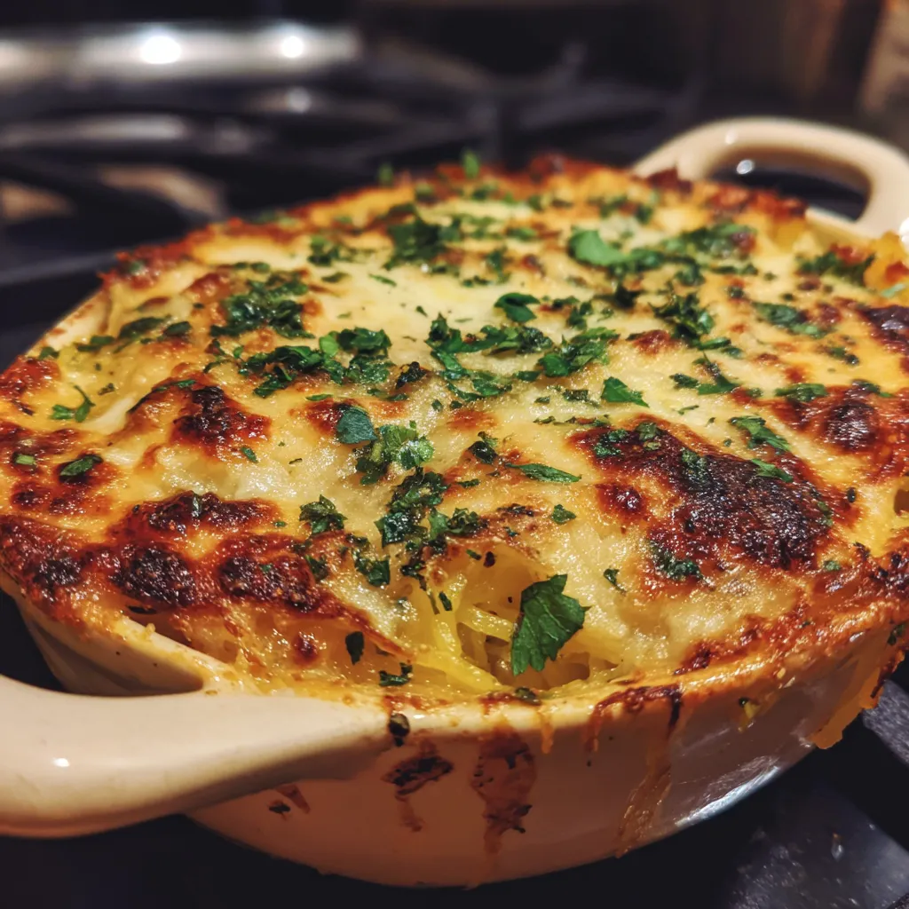 Side angle of a baked spaghetti squash au gratin, showing the layered ingredients and bubbling surface.