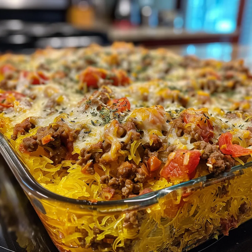 Close-up of a spaghetti squash casserole with ground beef, showing layers and toppings.