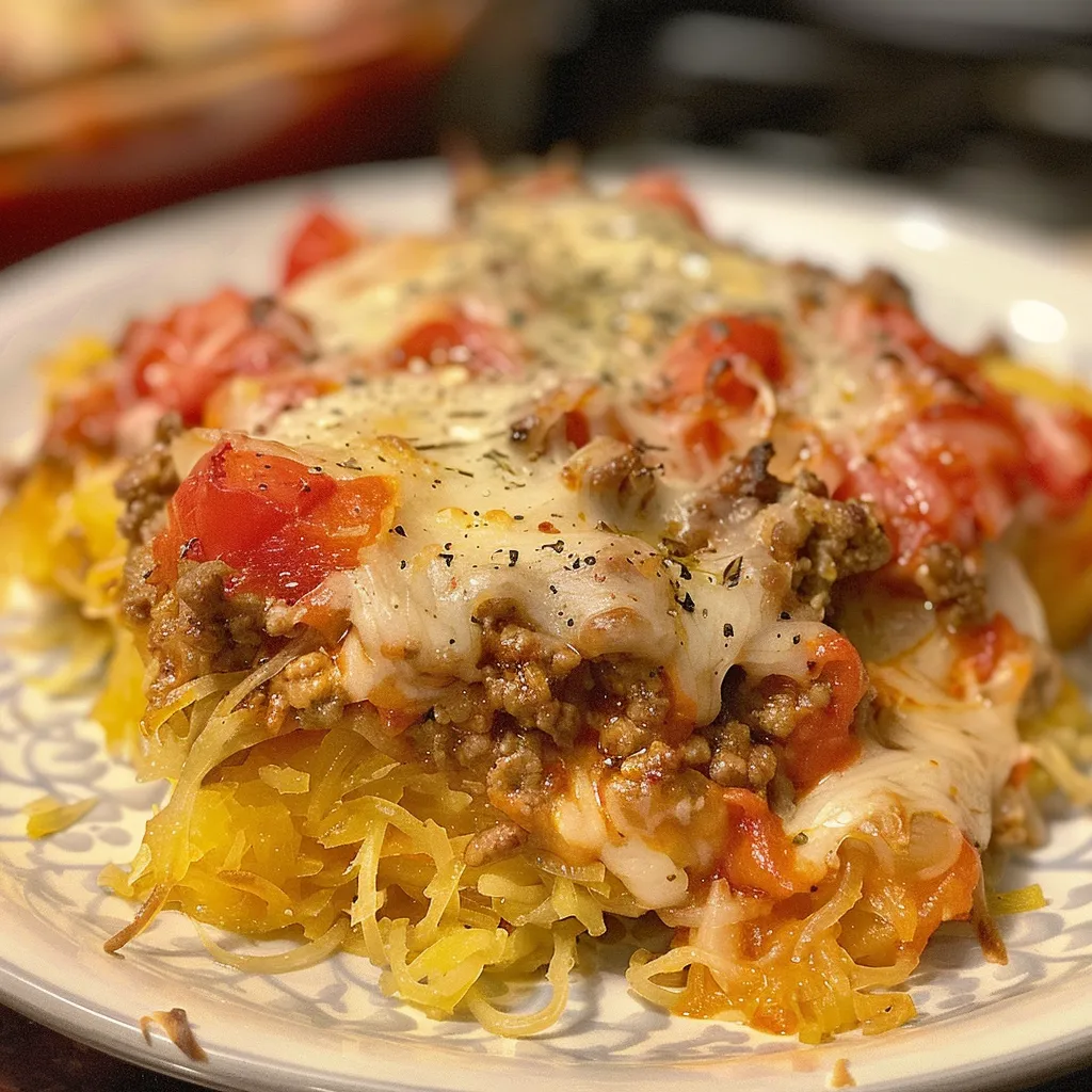 Side view of a baked spaghetti squash casserole, featuring melted cheese and ground beef.