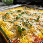 Close-up view of a cheesy spaghetti squash casserole with ground beef and melted cheese.