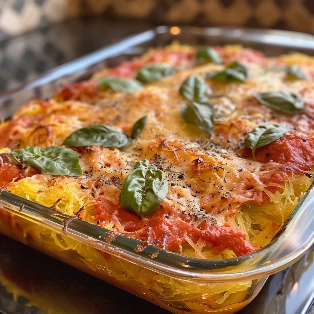 Side view of a baked spaghetti squash casserole with melted cheese and fresh basil on top.