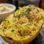 Close-up view of cooked spaghetti squash, showing its spaghetti-like strands.