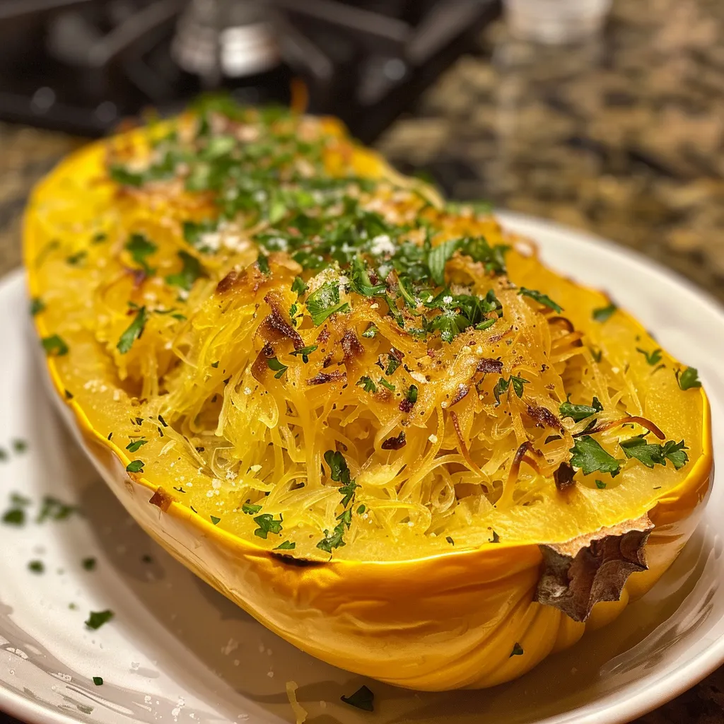 Side view of a whole spaghetti squash on a wooden cutting board, sliced open to reveal its texture.