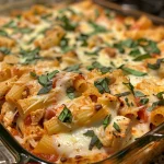 Close-up view of a cheesy baked ziti topped with basil and chicken.