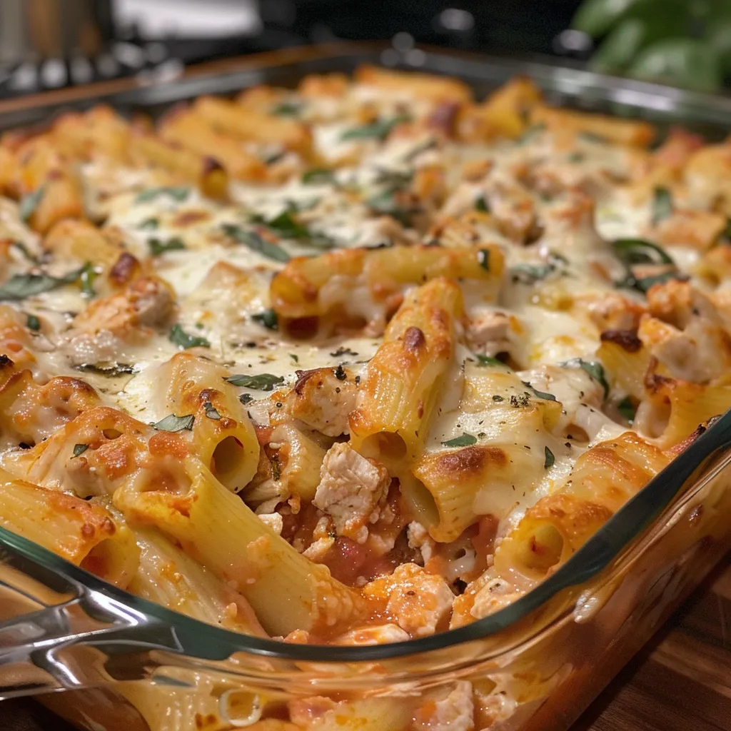 Side view of a hearty baked ziti with melted cheese and chunks of chicken.
