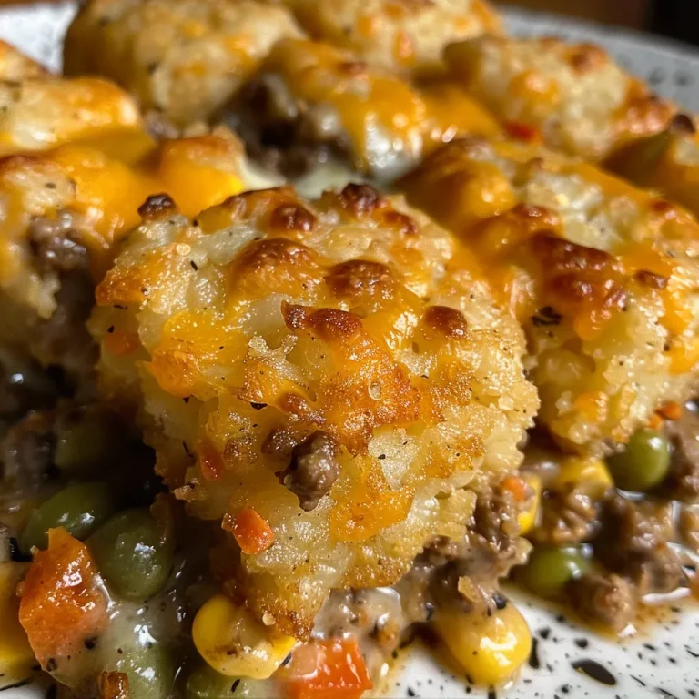 Close-up view of a juicy Tater Tot Casserole with melted cheese and crispy tater tots.