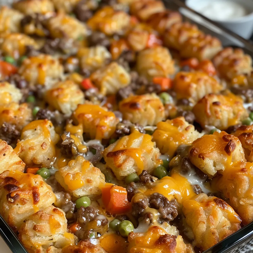 Side view of a Tater Tot Casserole in a baking dish, showcasing layers of beef and vegetables.
