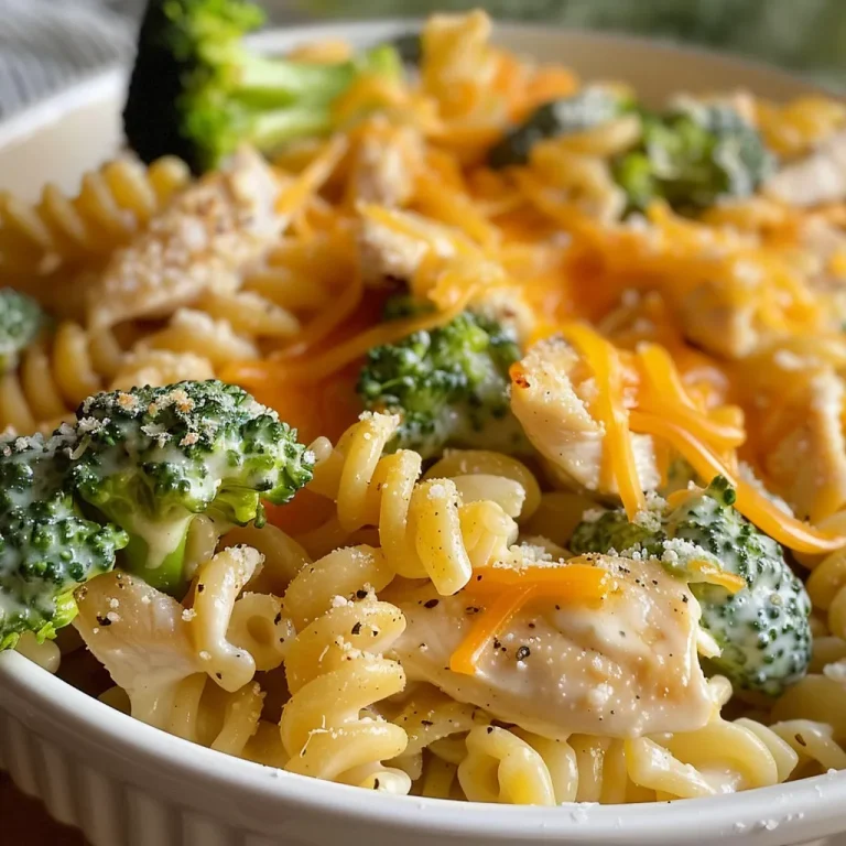 Close-up view of a creamy chicken and broccoli pasta bake, showcasing golden cheese and succulent pieces of chicken.