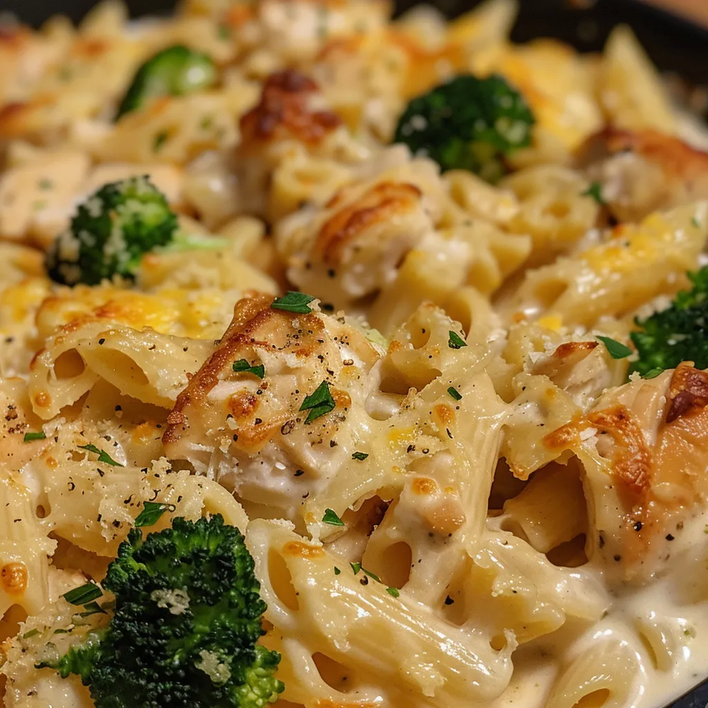 Side perspective of a bubbling pasta bake with broccoli and shredded cheese, highlighting its creamy texture.