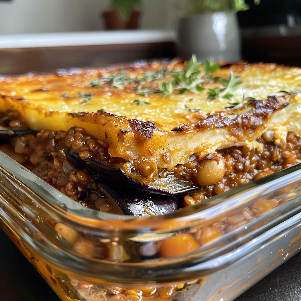 Side view of a delicious Vegan Moussaka slice with golden-brown eggplants and a rich topping.