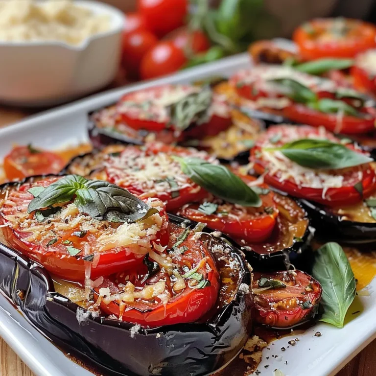 A close-up view of a slice of vegan stuffed eggplant parmesan, showcasing layers of eggplant, cherry tomatoes, and melted vegan cheese.