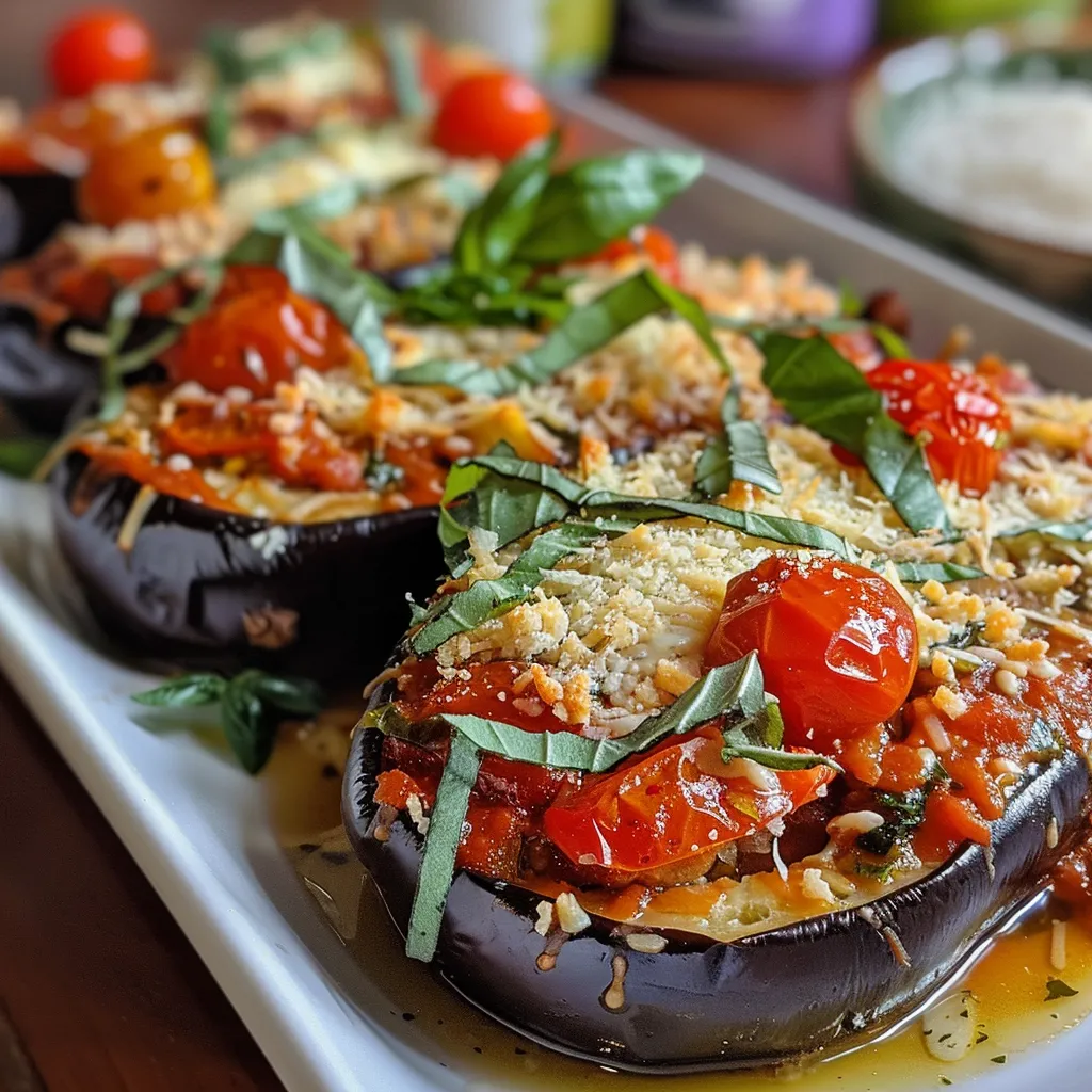 Side view of a delicious vegan stuffed eggplant parmesan, with colorful ingredients peeking through melted cheese.