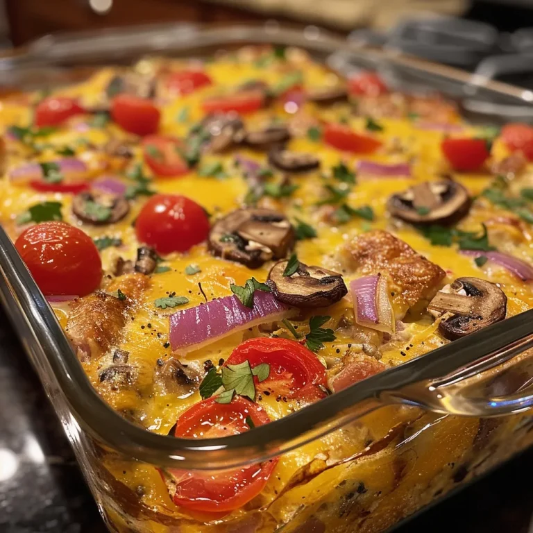 Close-up view of a Weight Watchers Breakfast Casserole featuring eggs, sausage, and vegetables.