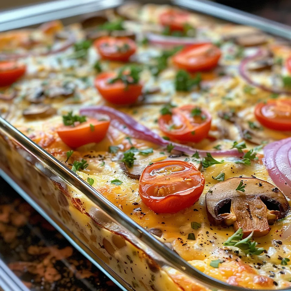 Side perspective of a slice of Weight Watchers Breakfast Casserole with colorful ingredients.