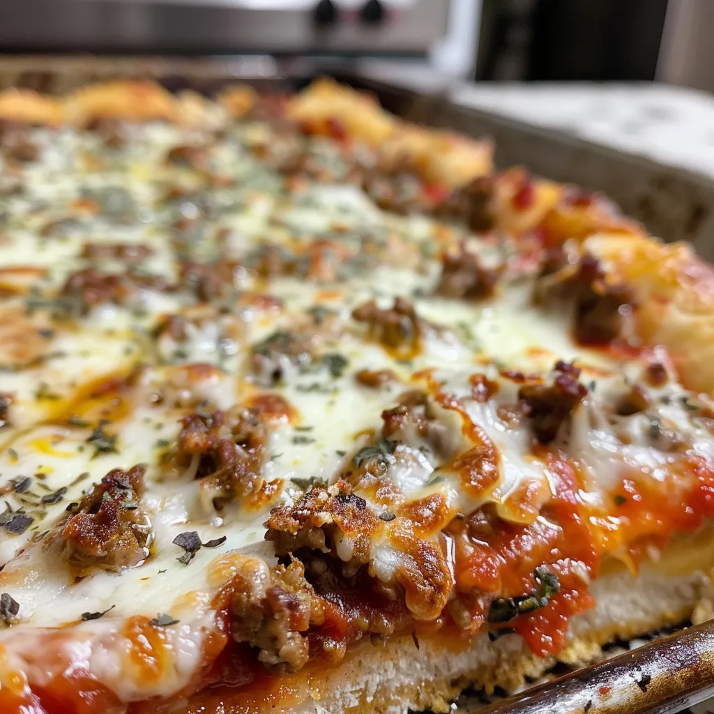 A juicy portion of Weight Watchers Deep Dish Pizza with visible ground beef, tomato sauce, and a golden crust.
