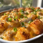 Close-up side view of a delicious Weight Watchers Tater Tot Casserole in a baking dish.