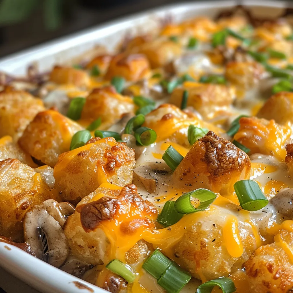 Appetizing image of a serving of Weight Watchers Tater Tot Casserole with melted cheese and tater tots.